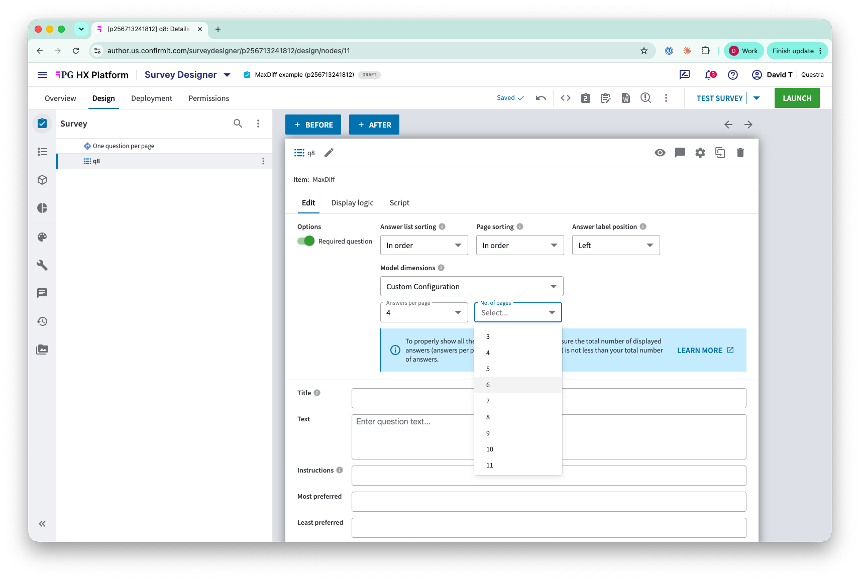 ConfirmIt MaxDiff question editor — Custom Configuration with 4 answers per page and 6 pages